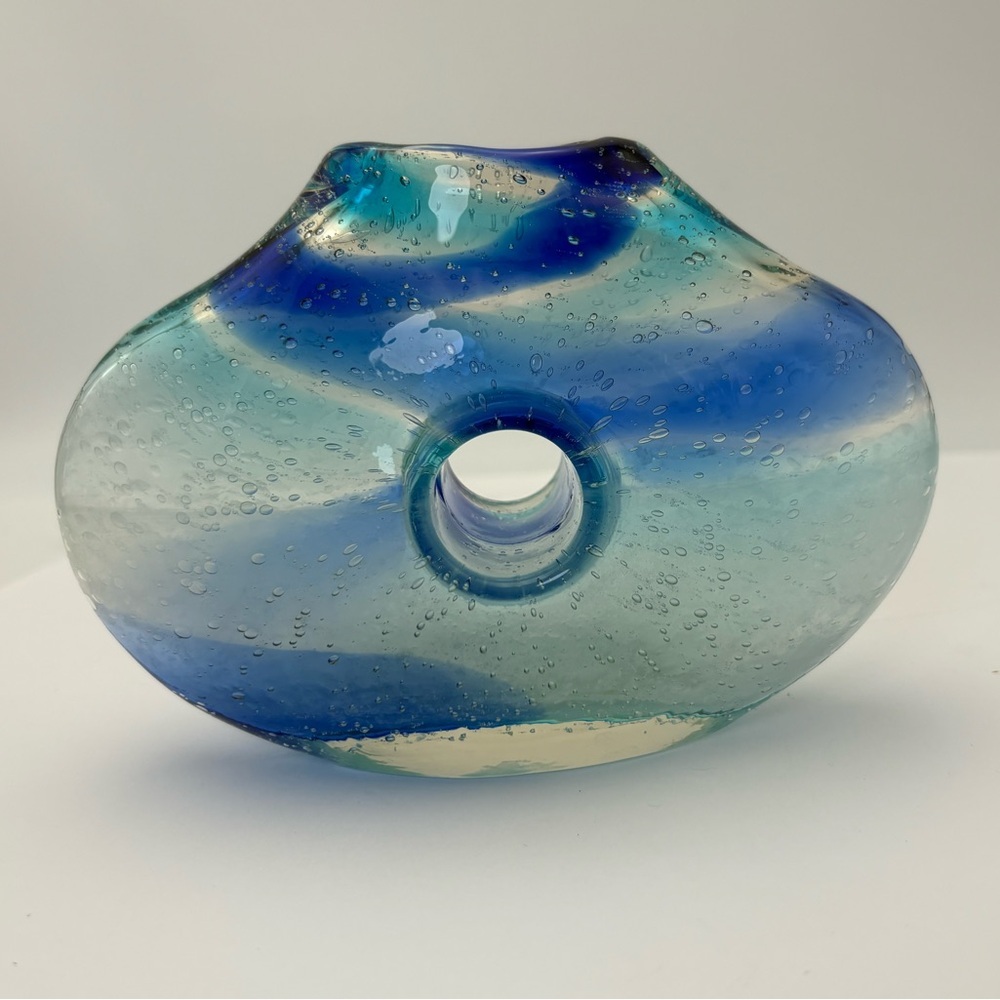Vintage Blue and Clear Swirl  Glass Donut Vase